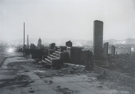 Steps that lead to nowhere (after the fire), 1906 Apr. Creator: Arnold Genthe.