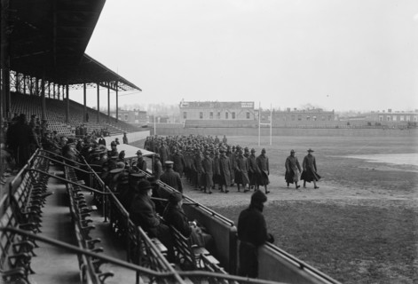 Marine Corps, U.S.N. Machine Gun Unit Demonstration at Ball Park, 1917. Creator: Harris & Ewing.