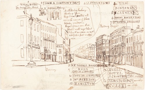 Street Perspective with Places of Business Labeled. Creator: George Cruikshank.