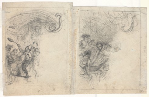 Chef Tossing Pancakes and Group of Four Men [verso]. Creator: Felix Octavius Carr Darley.