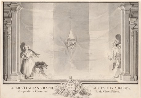Two Actors Peeking through a Theater Curtain while Others Prepare the Footlights. Creator: Johann Esaias Nilson.