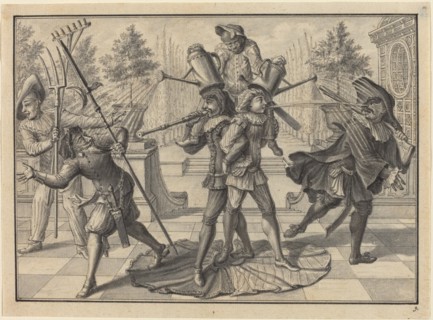 Harlequin and Scaramouche Create a "Fountain", 1729. Creator: Johann Jakob Schübler.