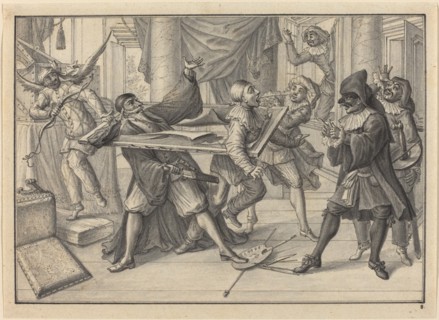 Mezzetin and Harlequin Use the Picture Frame to Catch Pantaloon and Pierrot, c. 1729. Creator: Johann Jakob Schübler.