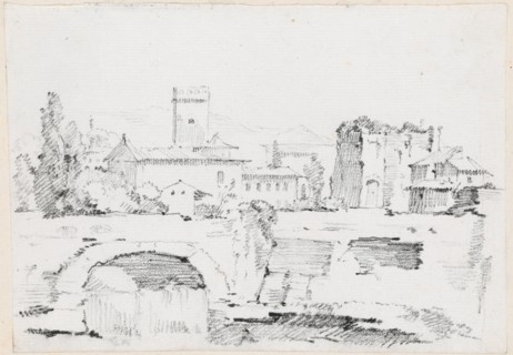 An Italian Town with a Stone Bridge and a Waterfall, 1744/1750. Creator: Joseph-Marie Vien the Elder.