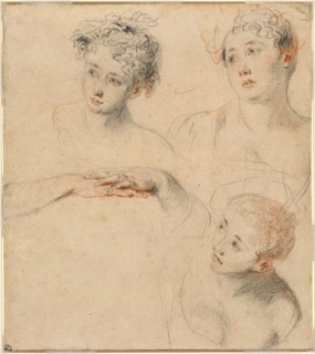 Three Studies of a Woman's Head and a Study of Hands [recto], 1718/1719. Creator: Jean-Antoine Watteau.