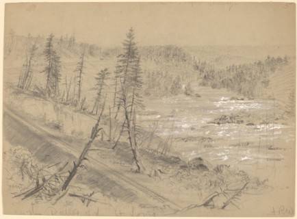 Railroad on the Dalles of the St. Louis, 1882. Creator: Alfred Waud.