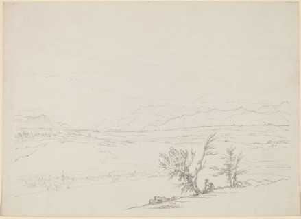 An Alpine Landscape with a Couple Seated by Trees Overlooking a Valley, 1760/1763. Creator: Benjamin West.