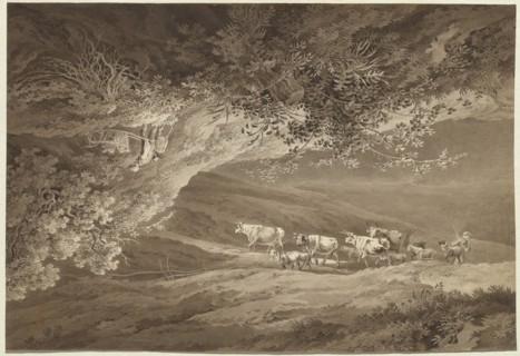 A Landscape with a Herd of Cows and Goats, Surmounted by Another Landscape..., c. 1800. Creator: Adrian Zingg.