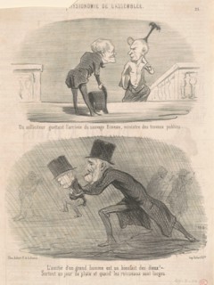 Un solliciteur guettant l'arrivée du sauvage Bineau, ministre des travaux publics, 19th century. Creator: Honore Daumier.