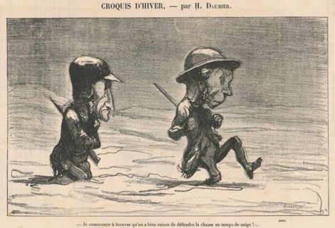 Je commence à trouver qu'on a bien raison de défendre la chasse en temps de neige!..., 19th century. Creator: Honore Daumier.
