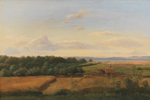 A Funen Landscape at Harvest Time with Wedellsborghoved in the Background, 1846. Creator: Dankvart Dreyer.