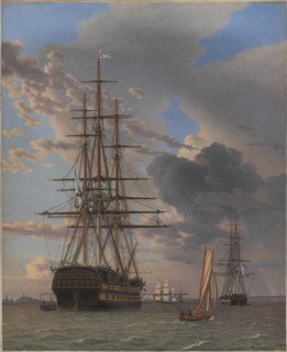 The Russian Ship of the Line "Asow" and a Frigate at Anchor near Elsinore, 1828. Creator: CW Eckersberg.