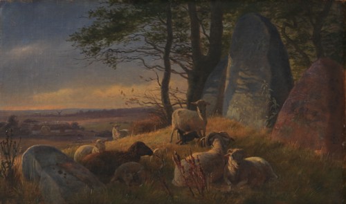 Evening Scene with Sheep on a Mound, 1845. Creator: Johan Thomas Lundbye.
