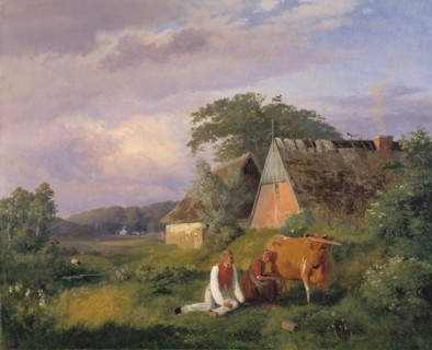 Milking scene. Illustrating a poem by Christian Winther, 1841. Creator: Johan Thomas Lundbye.