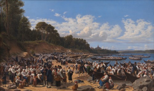 Church-Goers Arriving by Boat at the Parish Church of Leksand on Siljan Lake, Sweden, 1853. Creator: Wilhelm Marstrand.