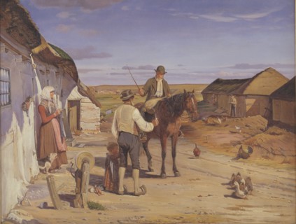 A Stranger Asking his Way at a Farm on the Moors, 1877. Creator: Hans Smidth.