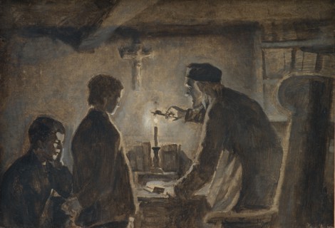 Pastor Sören blows out the candle on the New Year's Eve, 1898-1902. Creator: Hans Smidth.