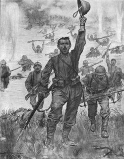 'Le passage a gue de l'Isonzo par l'infanterie Italienne', 1916. Creator: J Simont.