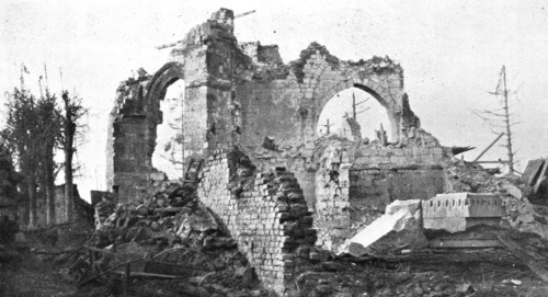 'La pris de Clery-sur-Somme (3 septembre); Entrée principale et ruines de l'eglise', 1916. Creator: Unknown.