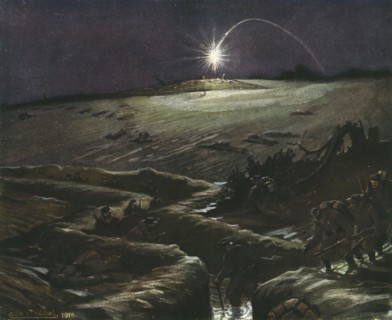 ''Dans La Tranchee; Tranchees de Noulette, la fusee eclairante', 1915. Creator: G Michel.