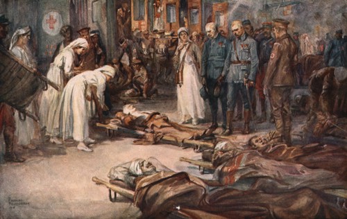 'La bataille de la Somme; derriere le front Franco-Britannique: le salut aux blesses allies', 1916. Creator: Charles Fouqueray.