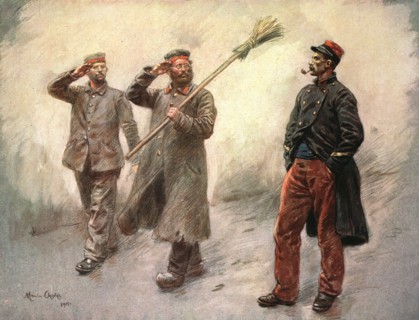 ''Au Camp des Prisonniers Allemands de Dinant; La corvee de quartier', 1915. Creator: Maurice Orange.