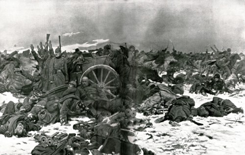 'Sur le front de Pologne; une charge des Cosaques de l'oural, sur une batterie allemande', 1914. Creator: J Simont.