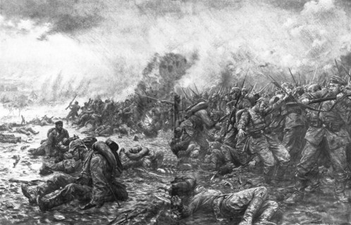 'La Bataille des Flandres; Les masses Allemandes sous la fusillade et le feu des canons', 1914. Creator: J Simont.