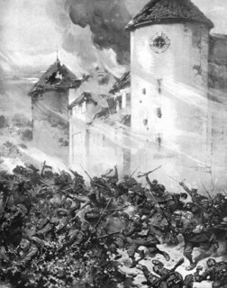 ''La lutte au Centre; La Garde Prussienne enfoncee sous les murs du chateau de Mondement', 1914. Creator: Unknown.
