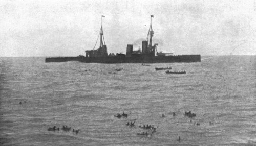 'La Victoire Britannique des Iles Falkland; L' "Inflexible", recueille les survivants'. 1914. Creator: Unknown.
