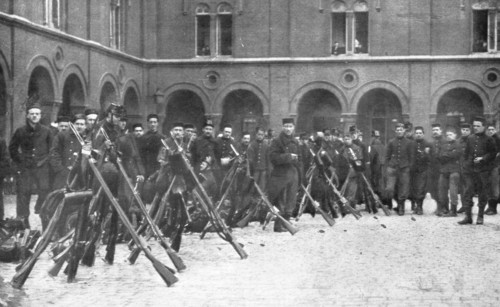 ''Le Defense de Liege; Le 9 de ligne quitte Bruxelles pour se rendre a Liege', 1914. Creator: Henneber.