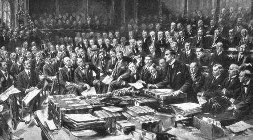 ''Face a L'agresseur, La séance historique du 3 aout 1914 a la Chambre des Communes', 1914. Creator: Samuel Begg.