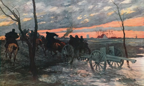 ''Coucher de Soleil dans la Plaine de L'Yser: Piece de 75 Allant Prendre Position', 1914. Creator: Georges Bertin Scott.