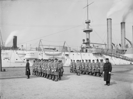 U.S.S. Brooklyn, Marine guard, company drill by sections, between 1896 and 1901. Creator: Edward H Hart.