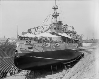 U.S.S. Oregon in dry dock, Brooklyn Navy Yard, 1898 Aug-Oct. Creator: Edward H Hart.