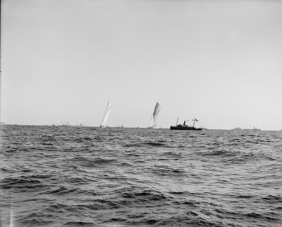 Columbia and Shamrock I, ready for the start, Oct. 7, '99, 1899 Oct 7. Creator: Unknown.