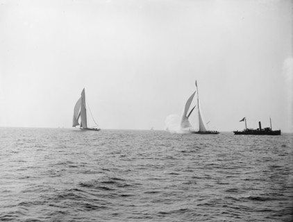 Columbia and Shamrock I after the start, Oct. 19, '99, 1899 Oct 19. Creator: Unknown.