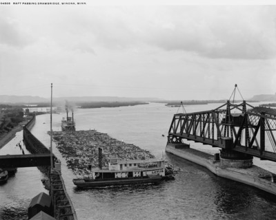 Raft passing drawbridge, Winona, Minn., between 1880 and 1899. Creator: Unknown.