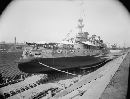 U.S.S. Oregon in dry dock, Brooklyn Navy Yard, 1898 Aug-Oct. Creator: William H. Jackson.