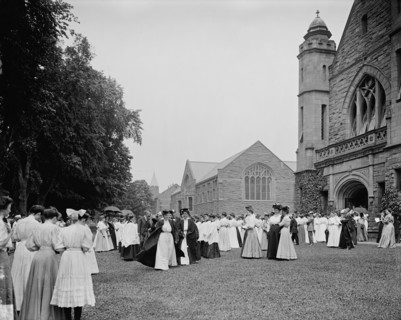 Leaving chapel [Mary Lyon Hall], Mount Holyoke College, South Hadley, Mass., c1908. Creator: William H. Jackson.