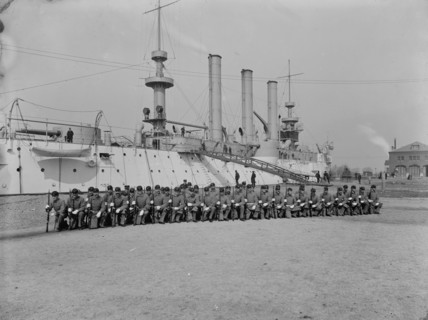 U.S.S. Brooklyn, Marine guard company drill, (1897?). Creator: Unknown.