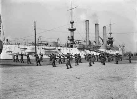 U.S.S. Brooklyn, Marine guard bayonet drill, (1897?). Creator: Unknown.