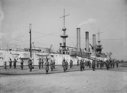 U.S.S. Brooklyn, Marine guard signal drill, (1897?). Creator: Unknown.