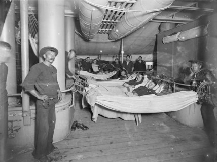 U.S.S. Brooklyn, hammocks on deck, between 1896 and 1899. Creator: Unknown.