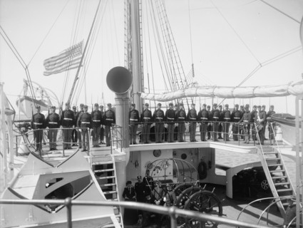 U.S.S. Newark, marine guard parading on quarter deck, between 1891 and 1901. Creator: Unknown.