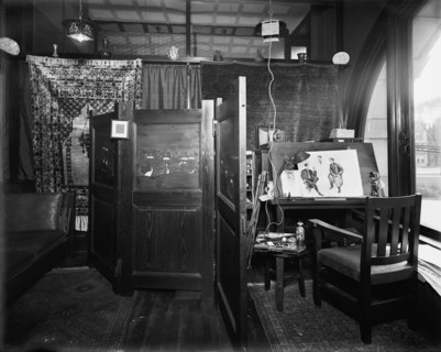 Office, furnishings and artist easel at Mulford & Petry Co., Detroit, Mich., between 1900 and 1910. Creator: Unknown.
