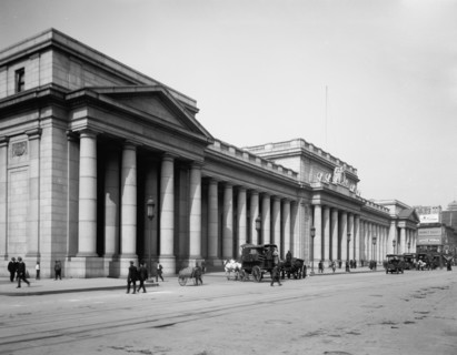 Pennsylvania Station, New York, east facade, c.between 1910 and 1920. Creator: Unknown.