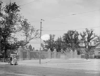 Charles Sumner statue at entrance to subway, Harvard Square, Cambridge, Mass., between 1900 and 1920 Creator: Unknown.
