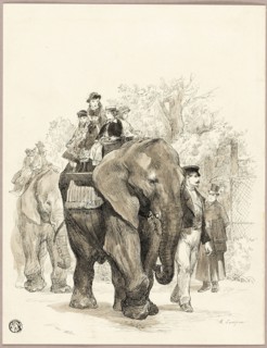 Elephant with Riders in Jardin des Plantes, Paris, n.d. Creator: Auguste-Andre Lancon.