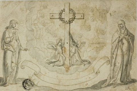 Virgin Mary and St. John the Evangelist Beholding a Vision of the Cross Held by Two Angels, n.d. Creator: Christoph Schwarz.